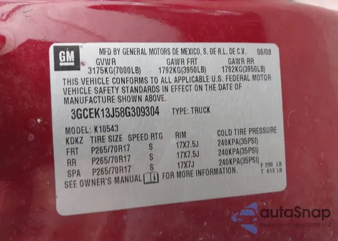 2008 Chevrolet Silverado 1500 Lt1 z USA, uszkodzony, nr VIN 3GCEK13J58G309304